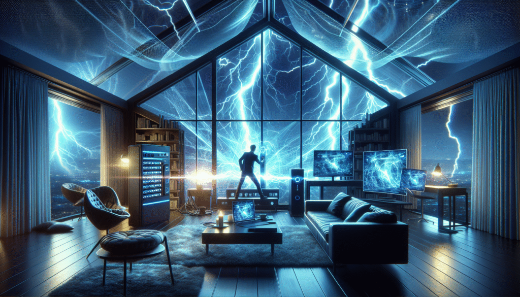 Imagen futurista de una sala de estar moderna durante una tormenta eléctrica intensa, con relámpagos iluminando el cielo a través de grandes ventanales. En primer plano, una mano desconecta un cable de internet del router, destacándolo con luz brillante. Al fondo se ven destellos de electricidad y una atmósfera tecnológica avanzada, con dispositivos inteligentes y pantallas holográficas. Paleta de colores fríos y azules eléctricos, estilo realista-futurista, iluminación dramática.