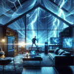 Imagen futurista de una sala de estar moderna durante una tormenta eléctrica intensa, con relámpagos iluminando el cielo a través de grandes ventanales. En primer plano, una mano desconecta un cable de internet del router, destacándolo con luz brillante. Al fondo se ven destellos de electricidad y una atmósfera tecnológica avanzada, con dispositivos inteligentes y pantallas holográficas. Paleta de colores fríos y azules eléctricos, estilo realista-futurista, iluminación dramática.