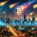 Futuristic city skyline at dusk, glowing with neon lights and digital billboards displaying a soaring bitcoin symbol. Golden bitcoins rise into the sky like meteors, blending with holographic visuals of the US Capitol and American flag. The atmosphere hints at a revolution in fintech, with abstract digital patterns and charts subtly integrated into the background—everything in a dynamic, modern style, high detail, sharp focus.