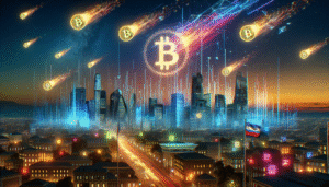 Futuristic city skyline at dusk, glowing with neon lights and digital billboards displaying a soaring bitcoin symbol. Golden bitcoins rise into the sky like meteors, blending with holographic visuals of the US Capitol and American flag. The atmosphere hints at a revolution in fintech, with abstract digital patterns and charts subtly integrated into the background—everything in a dynamic, modern style, high detail, sharp focus.