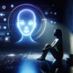 A futuristic digital illustration showing a solitary person sitting in a dimly-lit room, illuminated by the soft, glowing light of a large AI hologram in the shape of a friendly face. The atmosphere is a blend of comfort and isolation, with subtle technological interfaces and data streams surrounding the figure. Contrasting shades of cool blues and purples dominate the scene, conveying both solace and solitude. The overall mood is contemplative, highlighting the emotional impact of artificial intelligence on human emotions.
