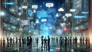 Una imagen futurista de varias personas conversando, con burbujas de diálogo flotantes llenas de texto generado por inteligencia artificial (como símbolos de código y palabras brillantes). De fondo una gran ciudad moderna iluminada por luces de neón, detalles tecnológicos y pantallas digitales mostrando fragmentos de texto estilo chat. Tonos azules y plateados, ambiente luminoso y avanzado. No realistas, estilo ilustración digital detallada.