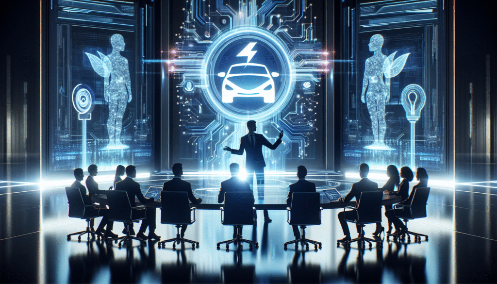 A sleek, futuristic boardroom setting with Elon Musk at the center, gesturing toward a glowing digital display featuring the Tesla logo merged with abstract, luminous AI neural network graphics. Around him, diverse futuristic voters or shareholders observe holographic ballots and high-tech voting devices. The scene is illuminated with cool blue and silver tones, neon accents, and seamless technology, conveying the idea of innovation, artificial intelligence, and decision-making about Tesla’s future.