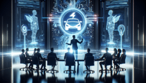 A sleek, futuristic boardroom setting with Elon Musk at the center, gesturing toward a glowing digital display featuring the Tesla logo merged with abstract, luminous AI neural network graphics. Around him, diverse futuristic voters or shareholders observe holographic ballots and high-tech voting devices. The scene is illuminated with cool blue and silver tones, neon accents, and seamless technology, conveying the idea of innovation, artificial intelligence, and decision-making about Tesla’s future.