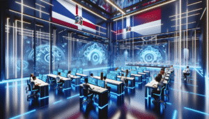 Futuristic concept art of students in a high-tech classroom, viewing their national test results displayed holographically in blue digital interface panels, with sleek, modern Dominican Republic flags subtly integrated in the background. Clean, optimistic lighting, vibrant yet professional color palette, emphasizing technology, education, and anticipation.