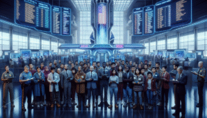 A group of diverse immigrants with worried expressions stand at a futuristic airport terminal, surrounded by digital holographic signs in English and Spanish showing flight destinations to various countries. U.S. border agents in modern uniforms check documents, while a high-tech government building looms in the background with the American flag projected as a glowing hologram. The color palette is cold and sleek, with blue and silver tones, capturing a tense, uncertain mood. Style is hyper-realistic and futuristic, reminiscent of science fiction movie stills.