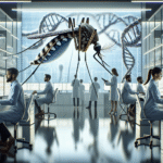 A group of scientists working inside a modern laboratory, focused on advanced computers with digital DNA sequences displayed on large screens. In the foreground, a mosquito is magnified in detail, highlighting its significance. The atmosphere is clean and realistic, with bright neutral lighting and a sense of scientific innovation and breakthrough. No text, no logos, only scientists, computers, and mosquito imagery.