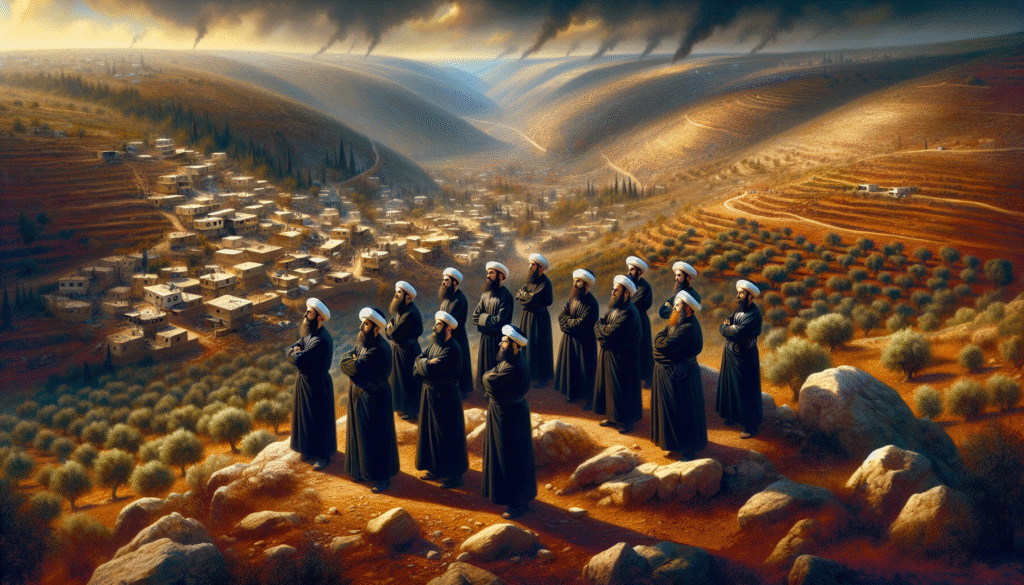 A clean and realistic image showing a group of Druze men in traditional clothing (dark robes and white or black turbans) standing on a rocky hillside overlooking a Middle Eastern village, with the Israeli and Syrian borders subtly visible in the distance. In the sky, faint signs of conflict like distant smoke trails or light explosions, conveying tension without graphic violence. The landscape should be arid, with olive trees and the sun casting a warm, dramatic glow to highlight the gravity of the situation. No text.