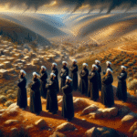A clean and realistic image showing a group of Druze men in traditional clothing (dark robes and white or black turbans) standing on a rocky hillside overlooking a Middle Eastern village, with the Israeli and Syrian borders subtly visible in the distance. In the sky, faint signs of conflict like distant smoke trails or light explosions, conveying tension without graphic violence. The landscape should be arid, with olive trees and the sun casting a warm, dramatic glow to highlight the gravity of the situation. No text.