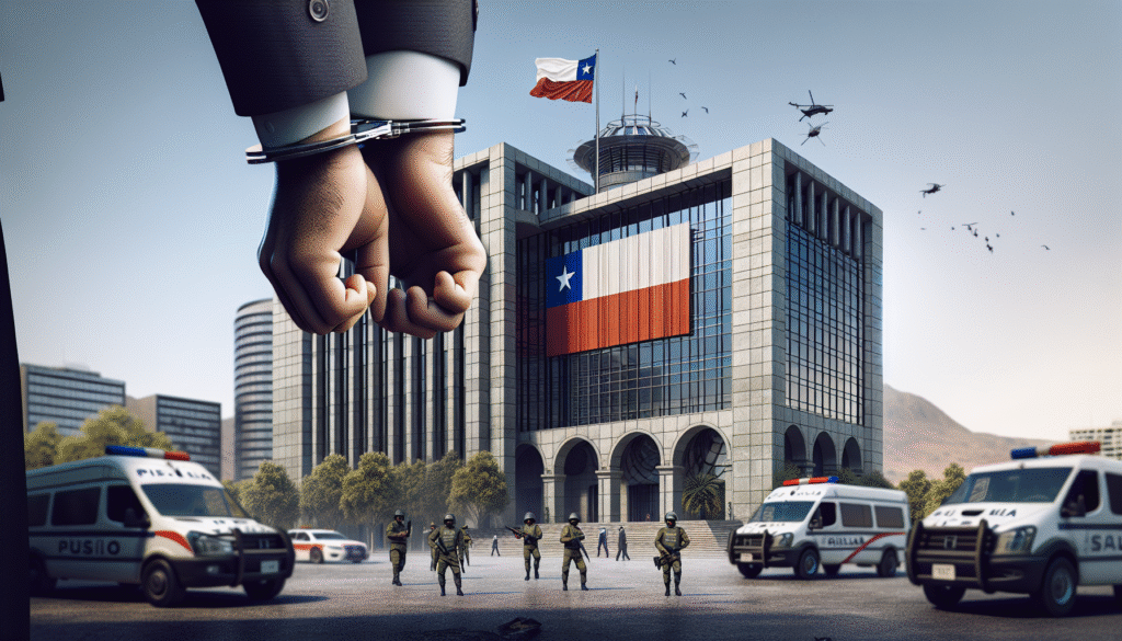 A clean and realistic image showing the exterior of a modern Chilean courthouse, with the Chilean flag visible, surrounded by security presence and subdued media attention. In the foreground, a pair of handcuffed hands symbolizes justice and sentencing. The atmosphere should feel serious and tense, reflecting a historic judgment related to organized crime. No faces or graphic violence, focus on symbolism and location.
