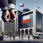 A clean and realistic image showing the exterior of a modern Chilean courthouse, with the Chilean flag visible, surrounded by security presence and subdued media attention. In the foreground, a pair of handcuffed hands symbolizes justice and sentencing. The atmosphere should feel serious and tense, reflecting a historic judgment related to organized crime. No faces or graphic violence, focus on symbolism and location.