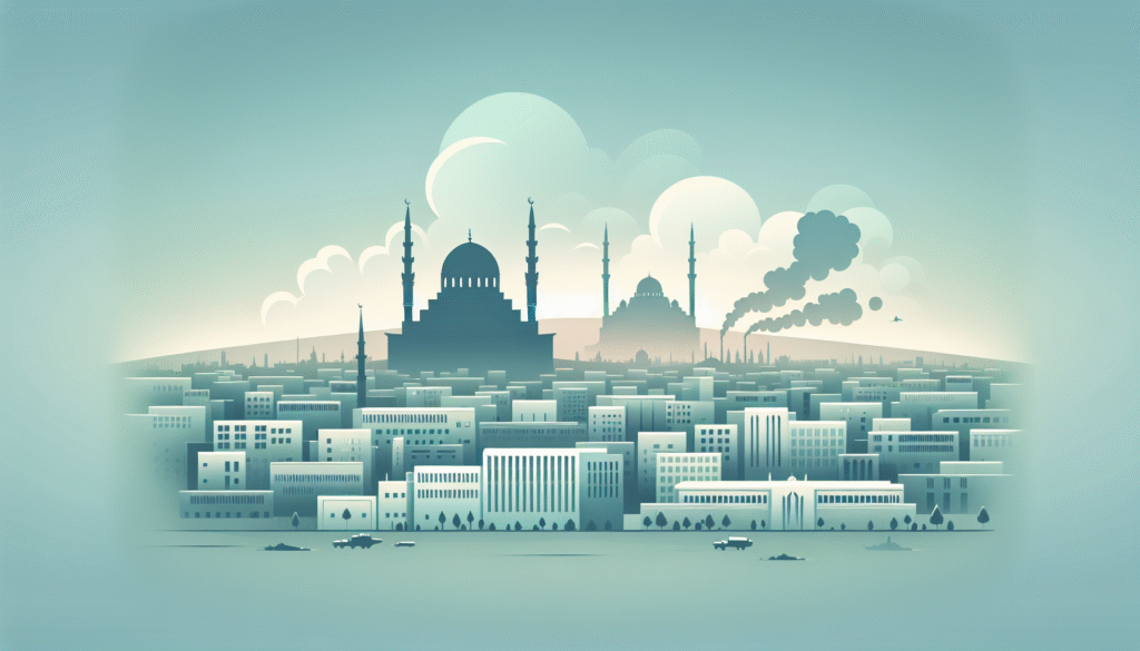 A modern, clean illustration in light colors showing a city skyline with the recognizable silhouette of Damascus, including the iconic Umayyad Mosque. In the background, subtle plumes of smoke rise near a military compound, suggesting a recent airstrike. The atmosphere is calm and clear, with minimal details—no violence or graphic imagery—focusing instead on the impact of conflict on urban life. The overall style is minimalistic and professional, suitable for a news headline image.