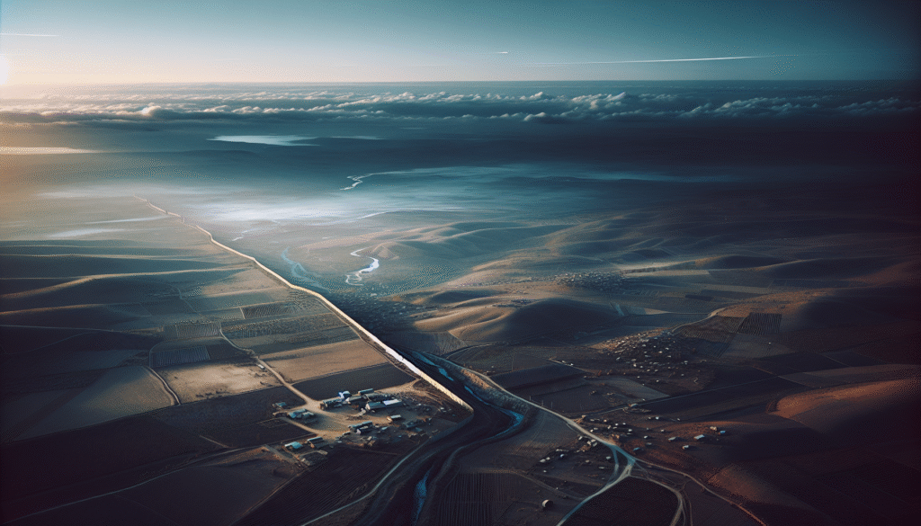 Aerial view of a tense Middle Eastern border landscape between Israel and Syria, featuring a dramatic, but clean and light-colored sky, subtle hints of jet trails or distant aircraft, and a contrast between peaceful rural areas and a sense of unease. Modern news illustration style, minimalistic details, soft shadows, and a calm, clear color palette. No dramatic violence—focus on the atmosphere and geography, suitable for a professional news blog.
