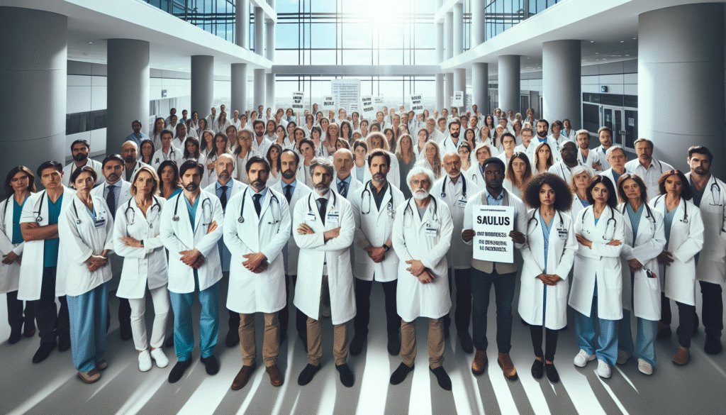 A group of doctors and healthcare workers, both men and women, stand together in a modern hospital corridor, holding banners and signs with words like “Salud” and “Huelga” (in Spanish). The atmosphere is peaceful and determined, with light streaming in through large windows. The color palette is clean and bright, featuring whites, light blues, and soft neutral tones, creating a hopeful and professional mood. The composition is uncluttered, focusing on solidarity among the medical professionals.