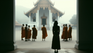 A peaceful Buddhist temple courtyard in Thailand, rendered in a clean, minimalistic style with soft, light colors. In the foreground, a silhouette of a woman stands apart, facing away from the viewer, while a group of monks in saffron robes gather in the background, their faces obscured to suggest anonymity and scandal, with subtle hints of concern in their body language. The atmosphere is quiet, respectful, and slightly tense, avoiding explicit or sensational details.