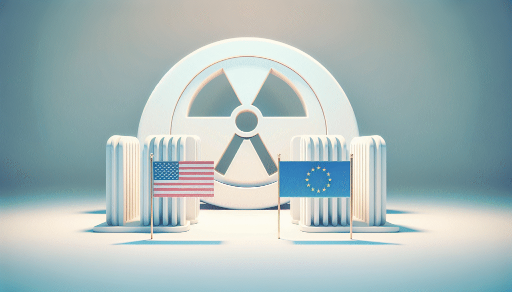 A clean, modern illustration showing symbolic representations of the United States and European Union, such as their flags or iconic buildings, facing towards Iran's flag with a looming nuclear symbol in the background. The scene uses light, soft colors and a minimalistic style, conveying diplomatic tension and the threat of renewed sanctions over Iran's nuclear program. No people, only symbols and flags, set against a white or pale background for a press/news blog visual.