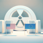 A clean, modern illustration showing symbolic representations of the United States and European Union, such as their flags or iconic buildings, facing towards Iran's flag with a looming nuclear symbol in the background. The scene uses light, soft colors and a minimalistic style, conveying diplomatic tension and the threat of renewed sanctions over Iran's nuclear program. No people, only symbols and flags, set against a white or pale background for a press/news blog visual.