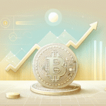 A clean and modern digital illustration showing a bright Bitcoin coin rising against a light-colored background, with an ascending line graph behind it hinting at potential growth. The chart should have gentle upward curves, not sharp spikes, and be subtle so the main focus remains on the Bitcoin symbol. Use light tones such as white, pastel blues, and gold, giving a positive, fresh, and optimistic feel. No dark or saturated colors. Avoid clutter; keep the design minimalistic and professional, suitable for a news blog.