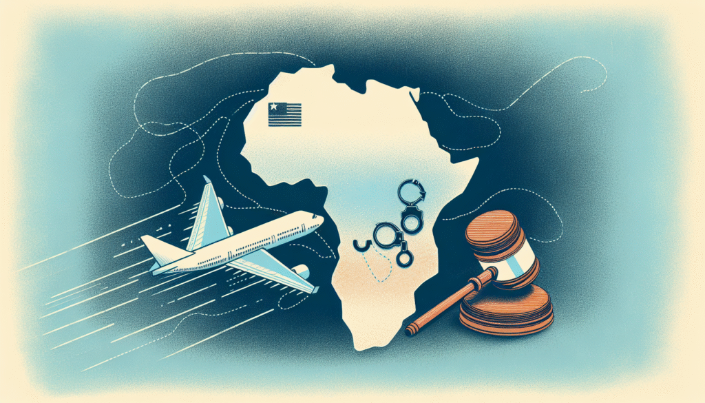 A clean, modern illustration with light colors, showing a simplified map of Africa. Highlight Liberia with a soft blue glow. Overlay subtle symbols representing crime, such as handcuffs or a gavel, near Liberia. In the background, lightly sketch a plane flying from the United States towards Liberia, using thin white dashed lines to indicate the route. The style should be minimalistic, news-appropriate, and uncluttered. No text.
