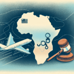 A clean, modern illustration with light colors, showing a simplified map of Africa. Highlight Liberia with a soft blue glow. Overlay subtle symbols representing crime, such as handcuffs or a gavel, near Liberia. In the background, lightly sketch a plane flying from the United States towards Liberia, using thin white dashed lines to indicate the route. The style should be minimalistic, news-appropriate, and uncluttered. No text.