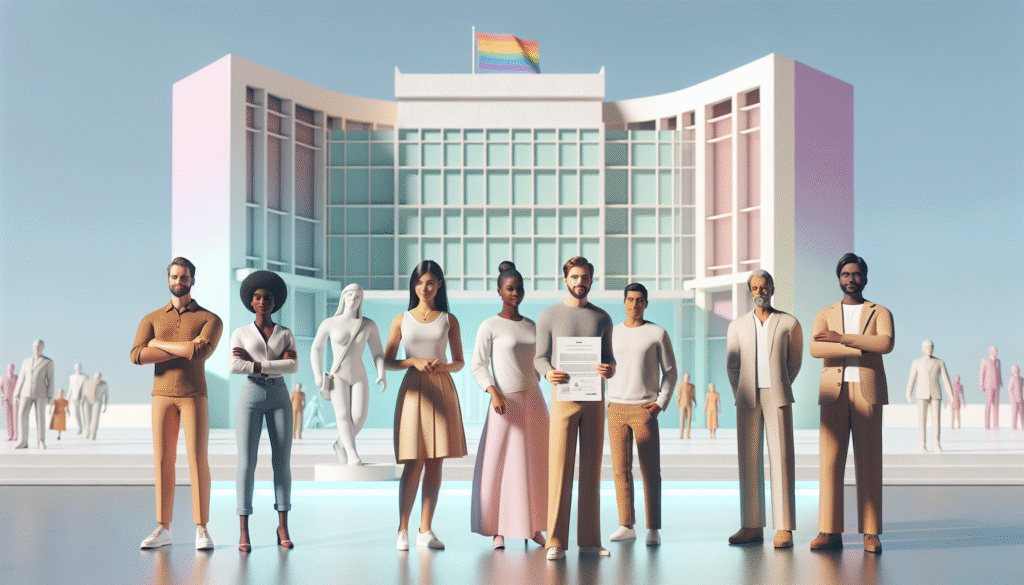 A diverse group of people standing together in front of a modern Cuban government building, one person proudly holding a document symbolizing legal gender change, rainbow accents subtly integrated, bright daylight, clean and hopeful atmosphere, light pastel colors, minimalistic and positive composition, representation of equality and progress in Cuban society.