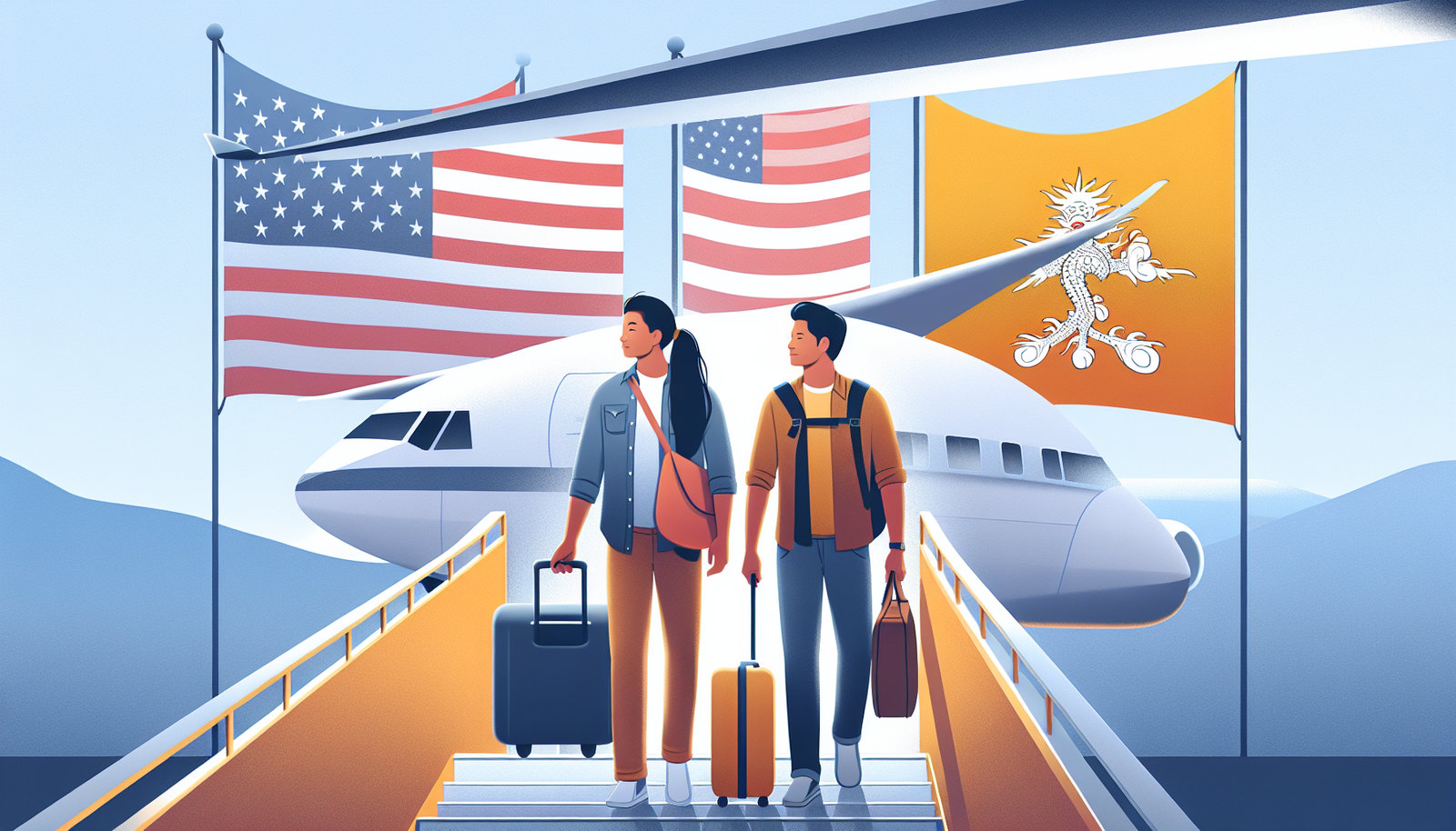 Refugiados con aspecto surasiático bajando de un avión en un entorno moderno y seguro en Estados Unidos, de fondo se ven banderas de Bután y Estados Unidos, ambiente optimista y tranquilo, estilo limpio, colores claros y suaves, composición centrada y minimalista.